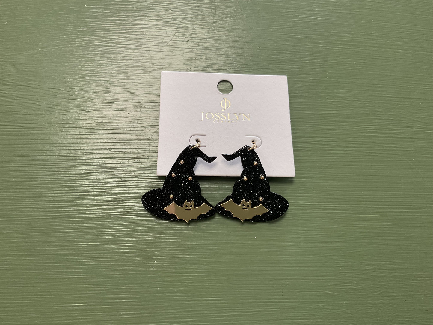 Halloween Black Witch Hat Earrings with Gold Bats
