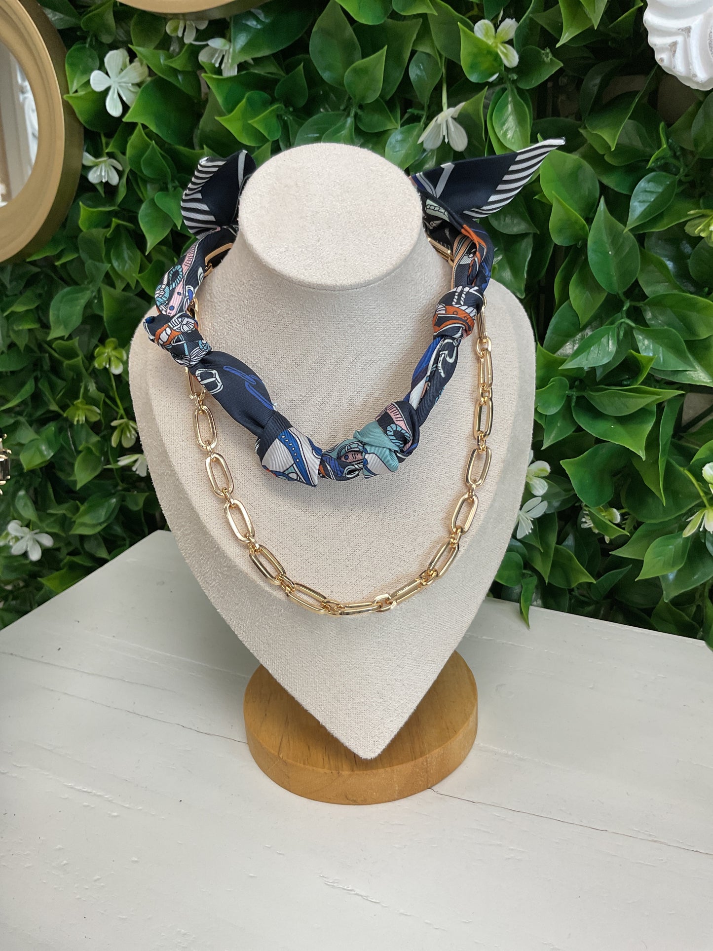Navy Scarf Necklace w/ Gold Chain