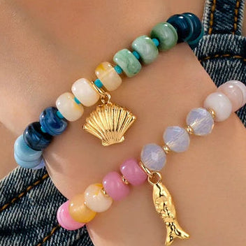 2 PC MULTI-COLORED FISH AND SHELL BRACELETS