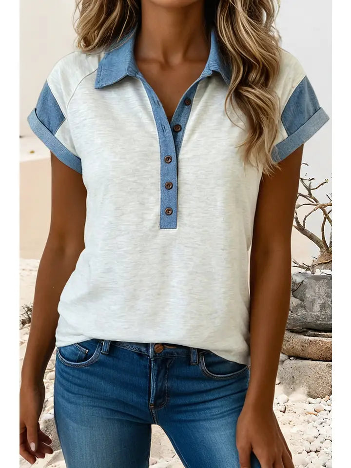 LDC COLORBLOCK DENIM & OATMEAL SHIRT BUTTON COLLAR SHORT SLEEVE