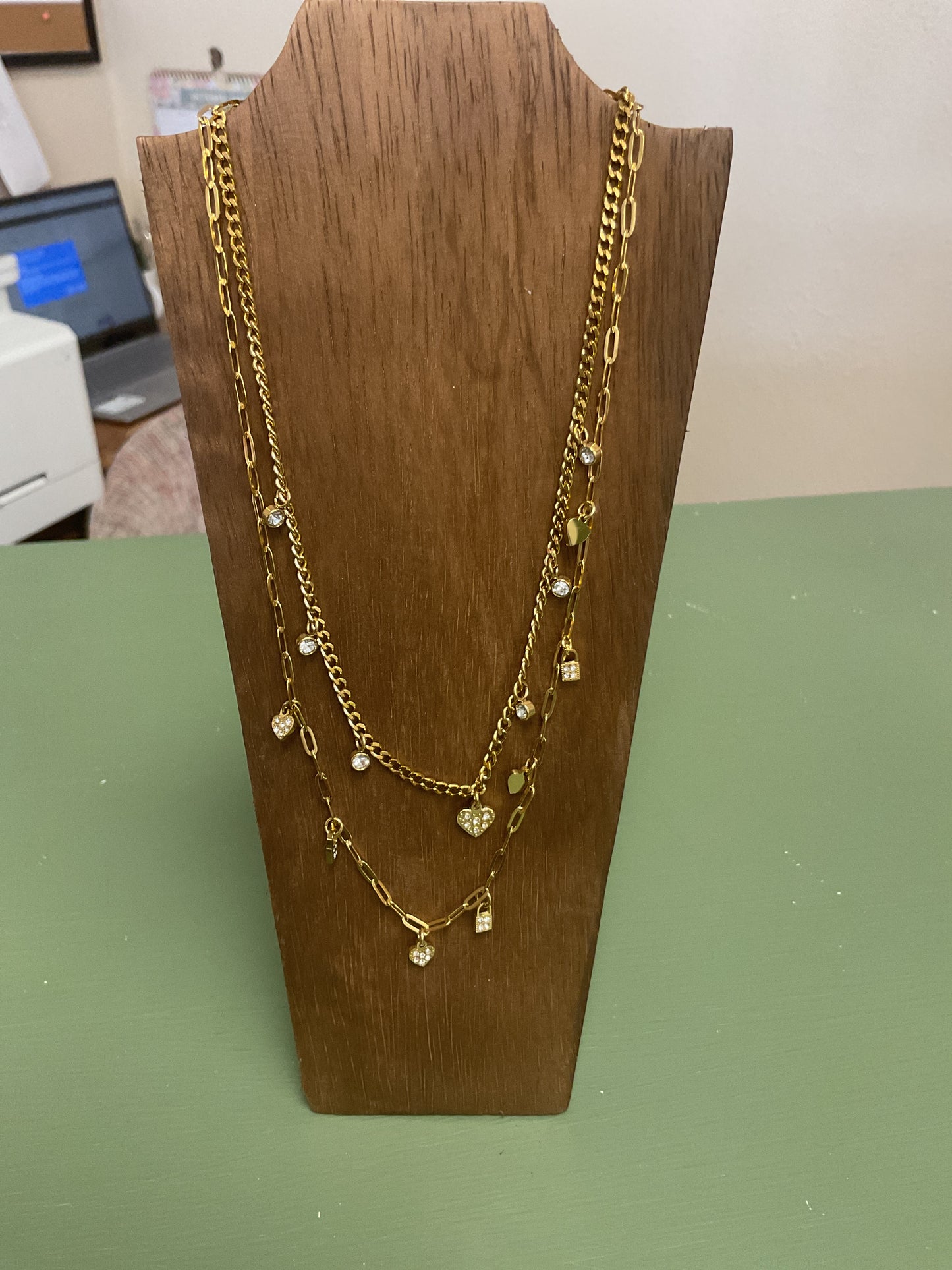 GOLD STAINLESS 2 ROW HEART AND LOCK CHARM NECKLACE