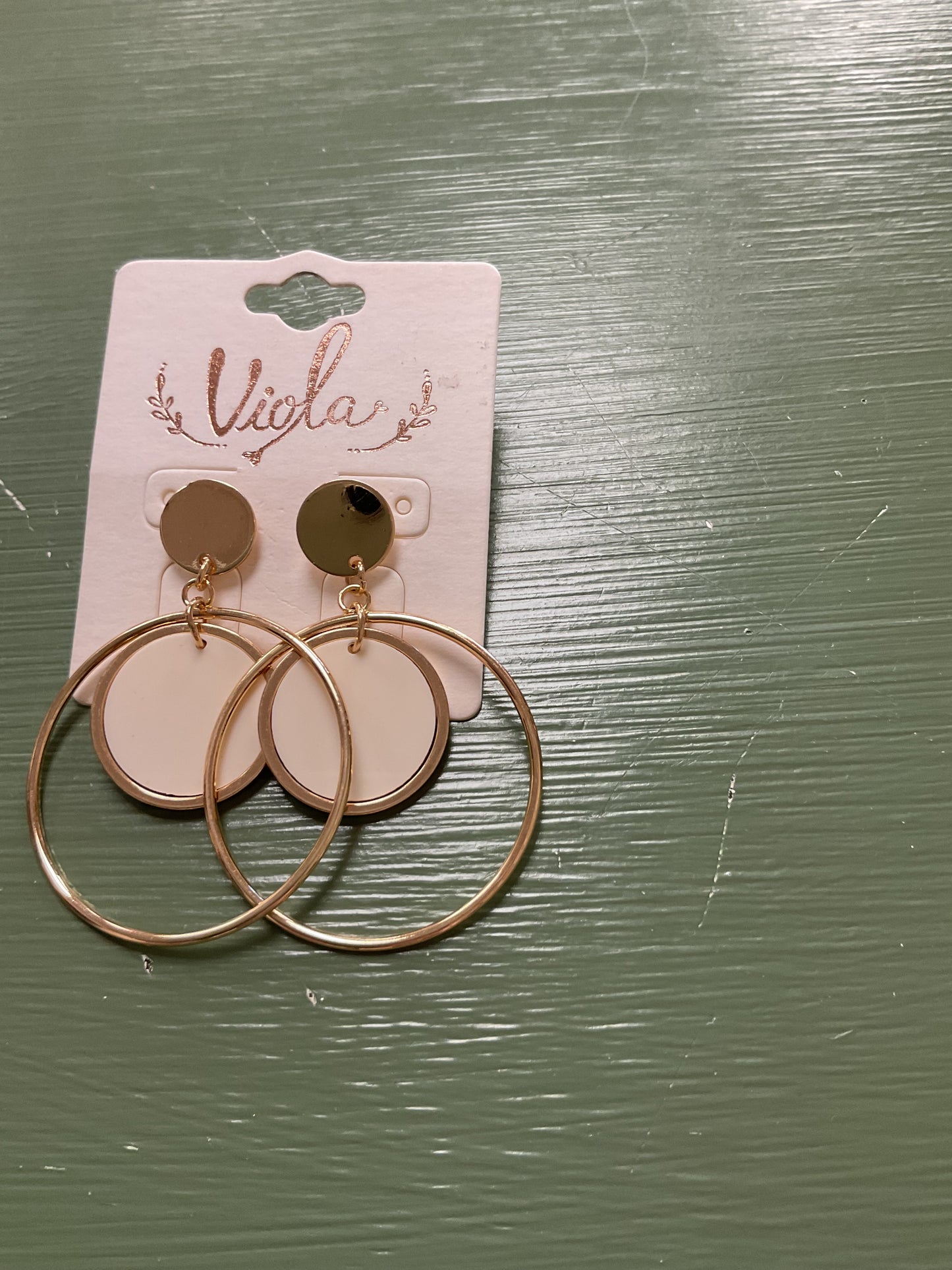 GOLD HOOPS WITH CENTER CREAM CIRCLES DANGLE EARRINGS