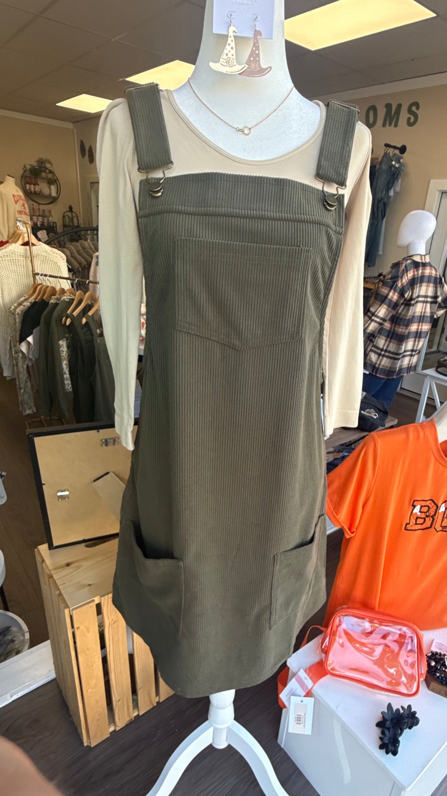 Army Green Corduroy Jumper Dress with Pockets