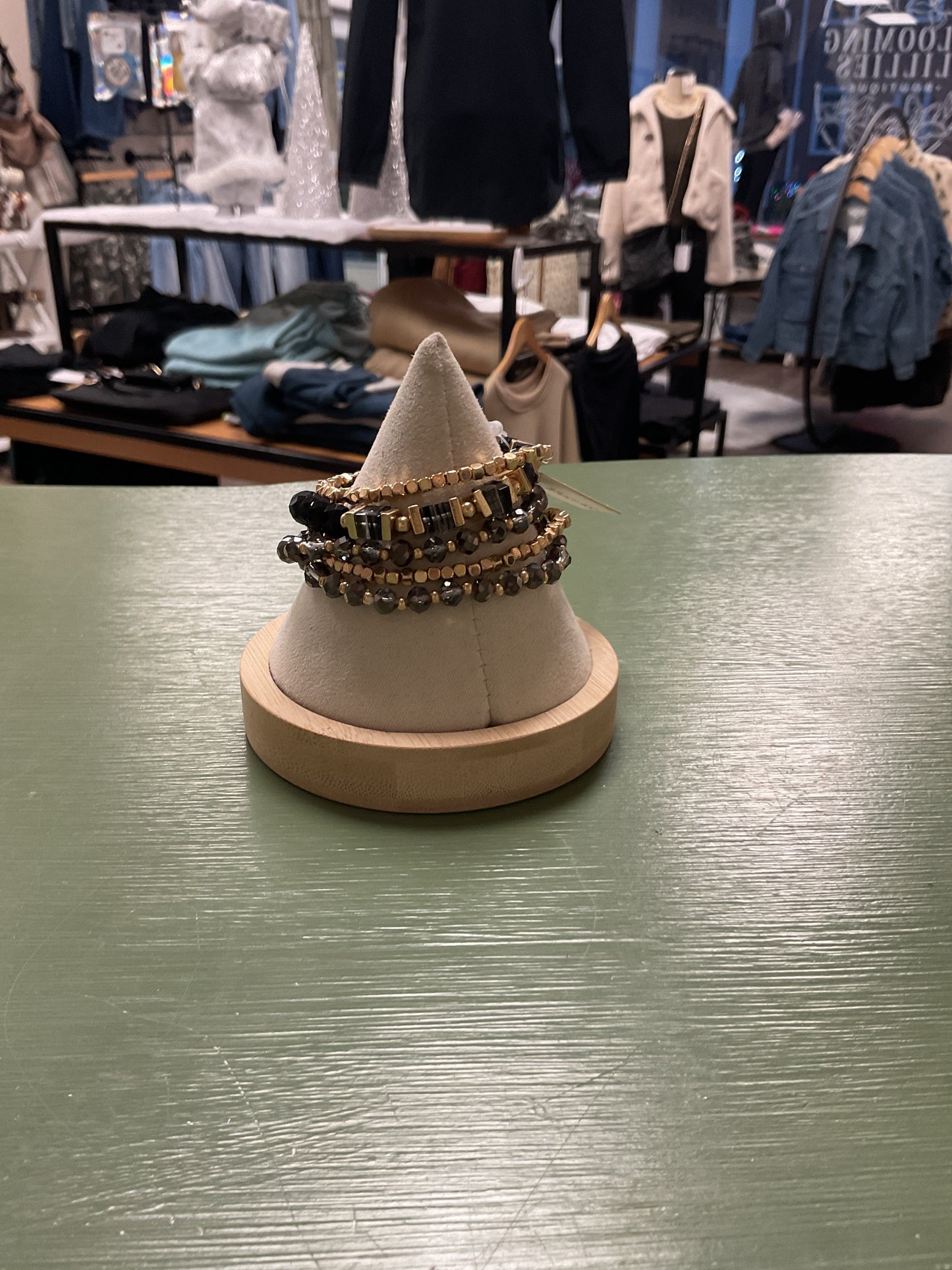 Black, gray, and gold stretchy bracelet set of 5