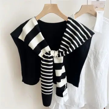 Striped Knit Shawl Neck & Shoulder