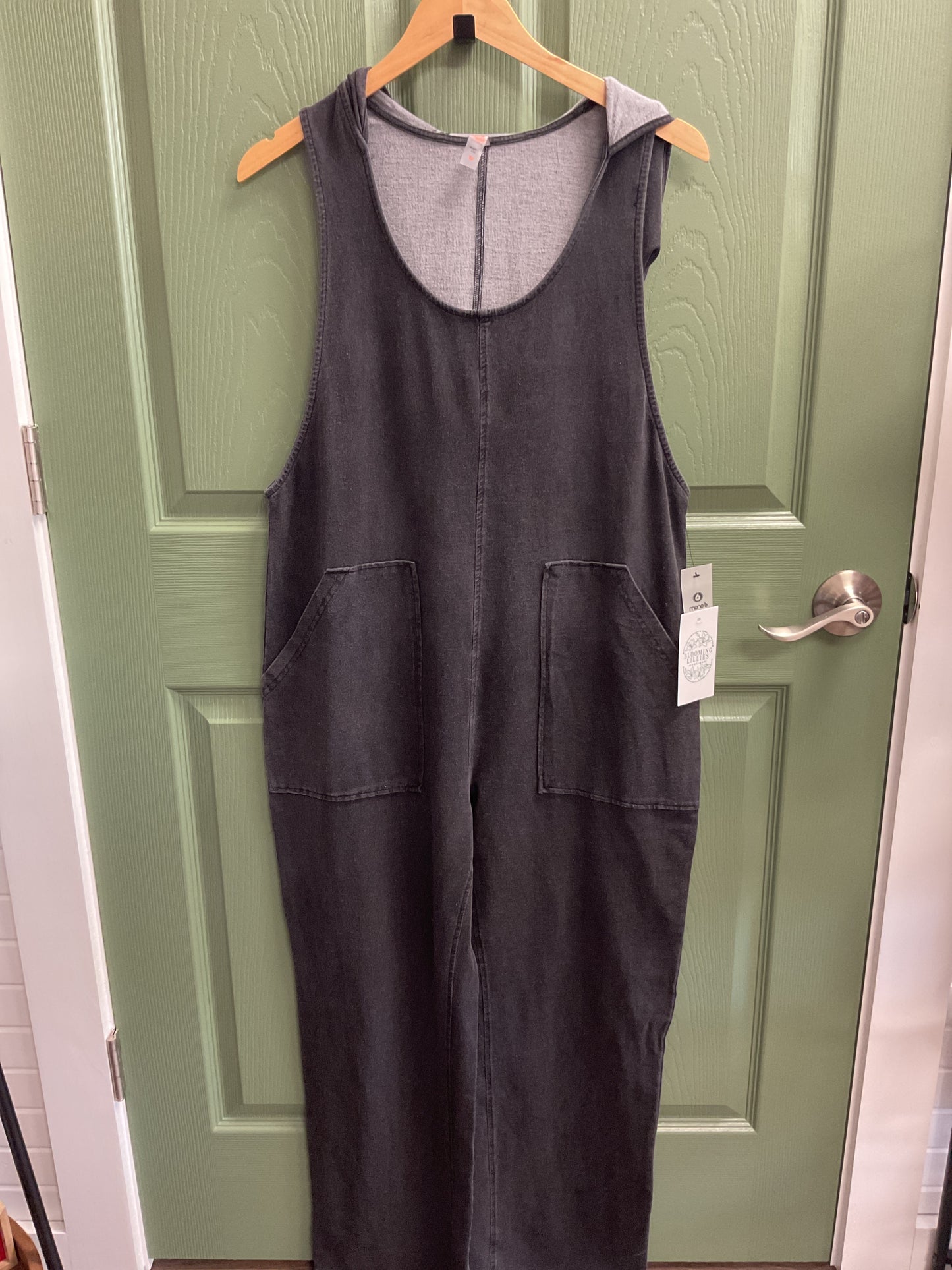 Black-wash denim hooded overalls