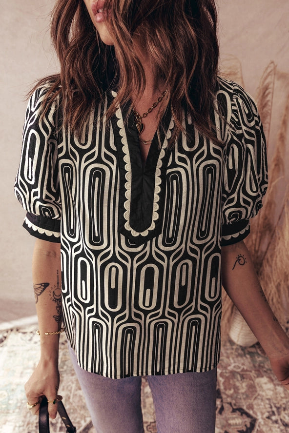 LDC BLACK & CREAM GEOMETRIC BLOUSE PUFFY SLEEVES