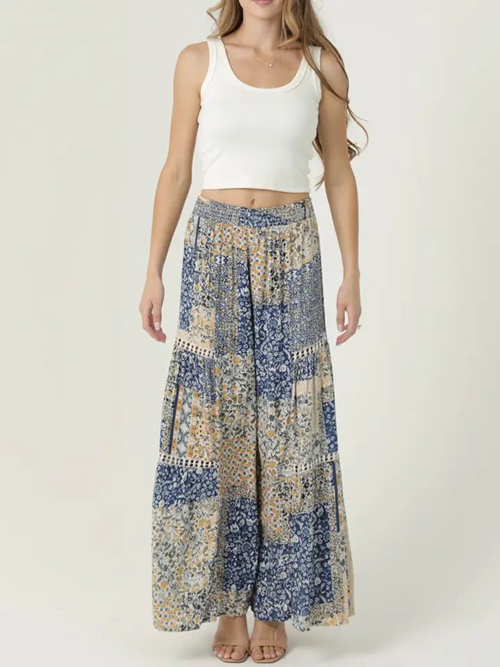 YELLOW AND BLUE WIDELEG PANTS WITH LACE INSERTS