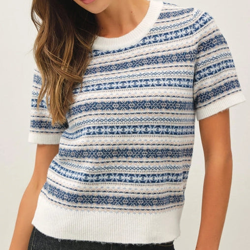 FAIR ISLE SHORT SLEEVED BLUE SWEATER