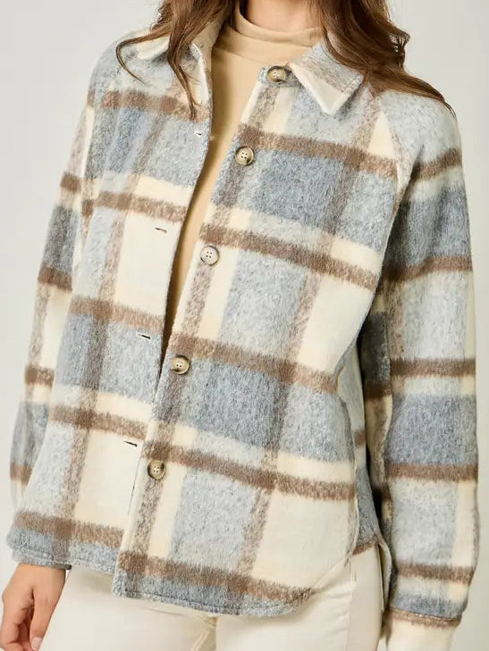 CREAM W BLUE AND TAN FLANNEL SHACKET