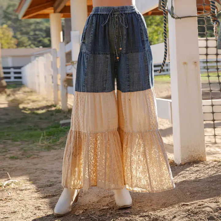DENIM BOHO TIERED PATHWORK PANTS