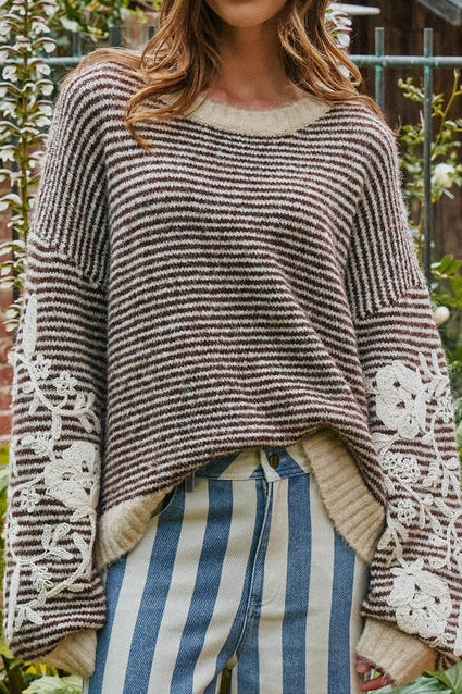 BROWN N CREAM STRIPED SWEATER W SLEEVE EMBROIDERY