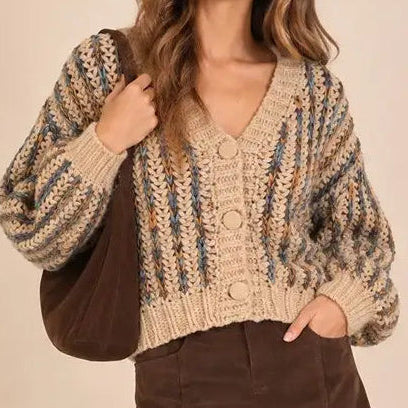 CHUNKY TAN W TURQUOISE AND GOLD DESIGN CARDIGAN