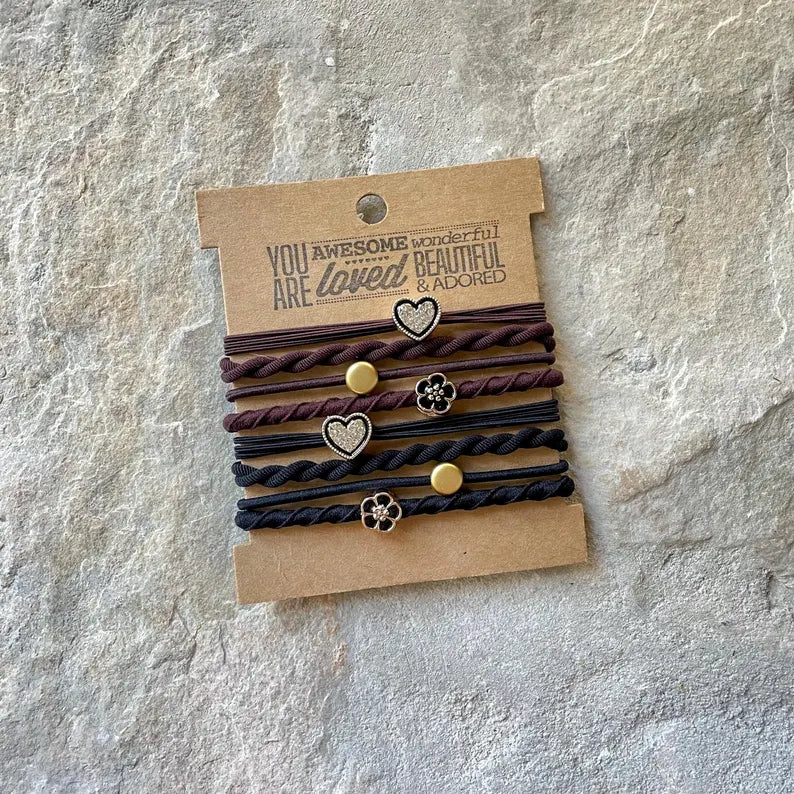 BROWN AND BLACK HEART CHARM HAIR TIES