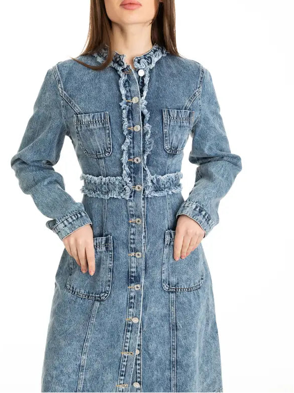 DARK WASH FRAYED DENIM DRESS