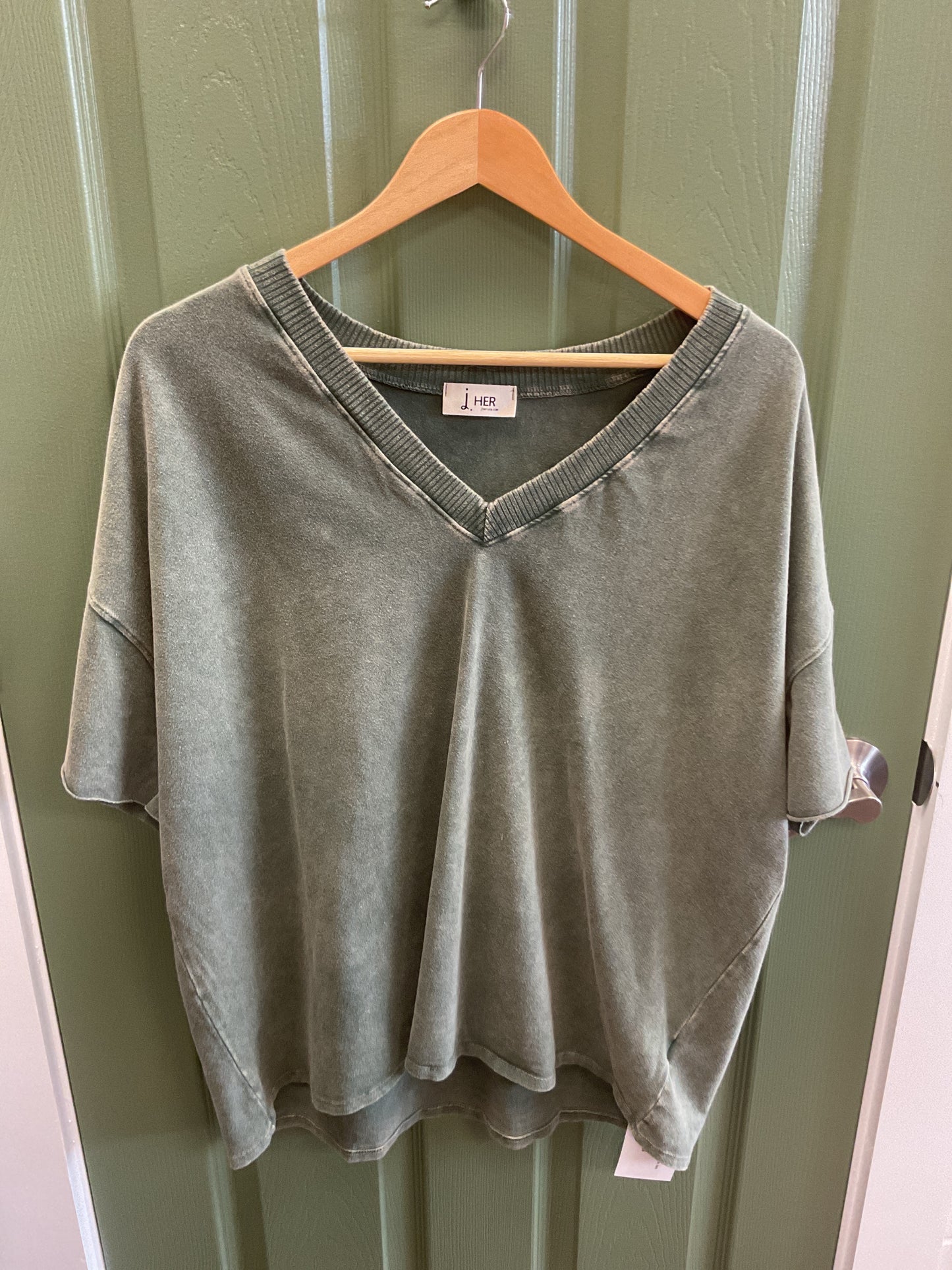 Green acid wash deep V neck tee