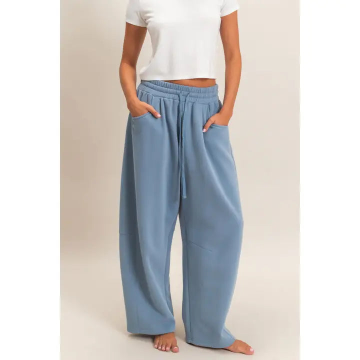 DRAWSTRING WAIST BARREL DUSTY BLUE SWEATPANTS