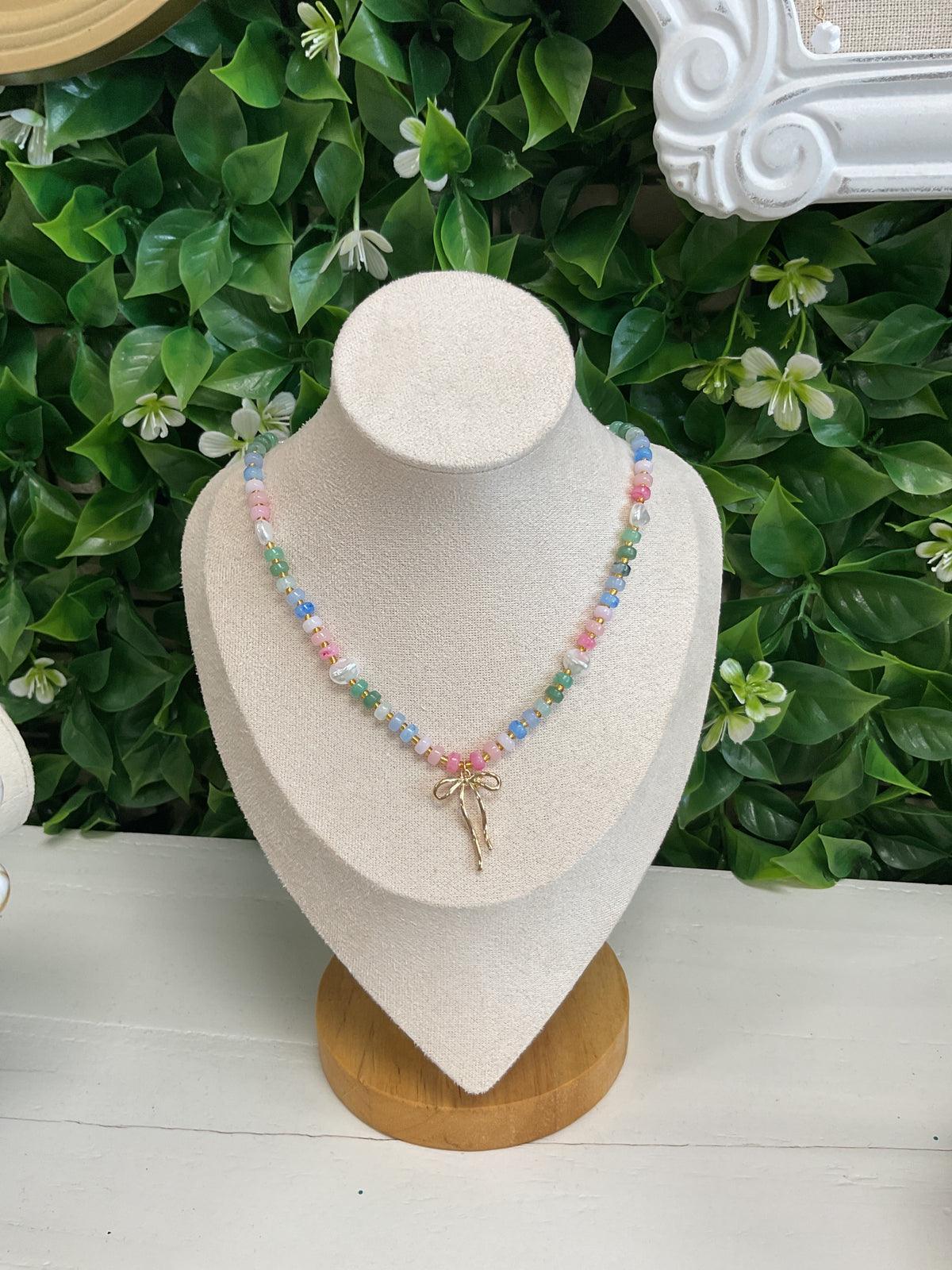 Colorful Pearl Bow Charm Necklace