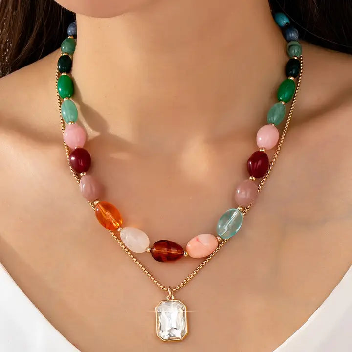 MULTI STONE AND GEM W GOLD CHAIN NECKLACE