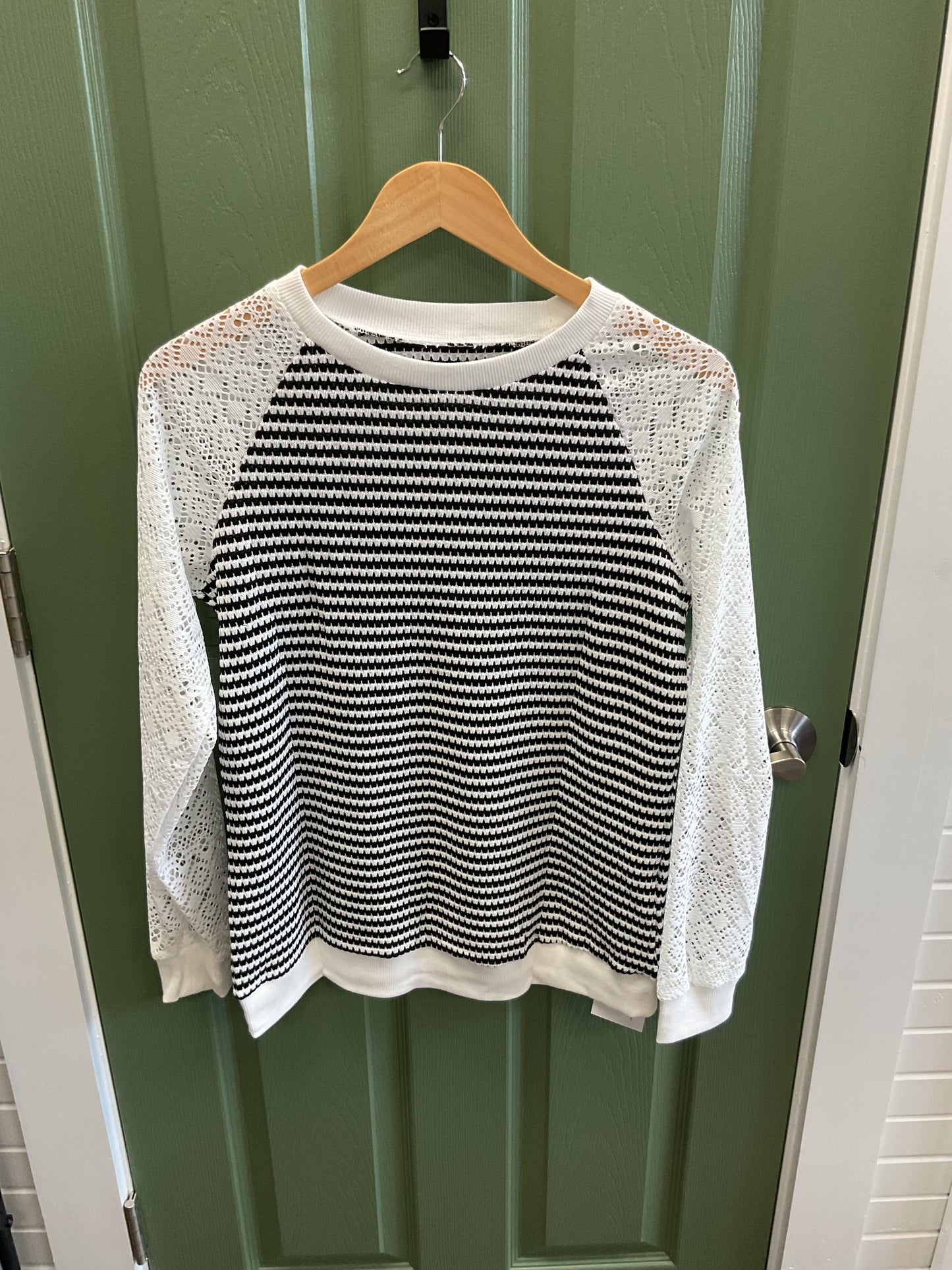 BLACK AND WHITE STRIPED LONG SLEEVE SHIRT WITH WHITE MESH SLEEVES