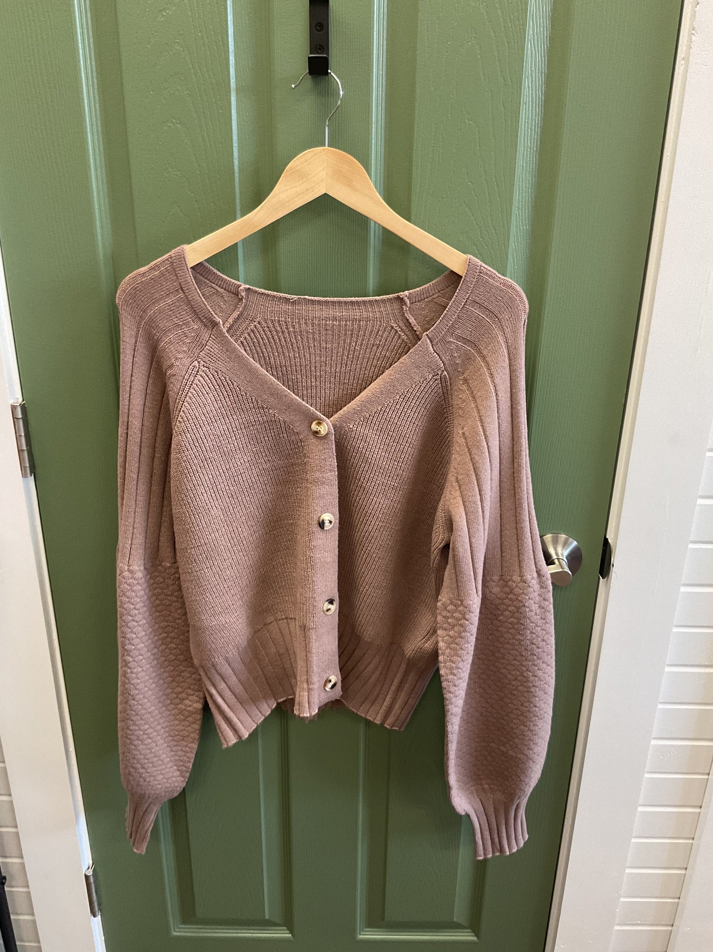 BROWN CARDIGAN W/TEXTURED BELL SLEEVES