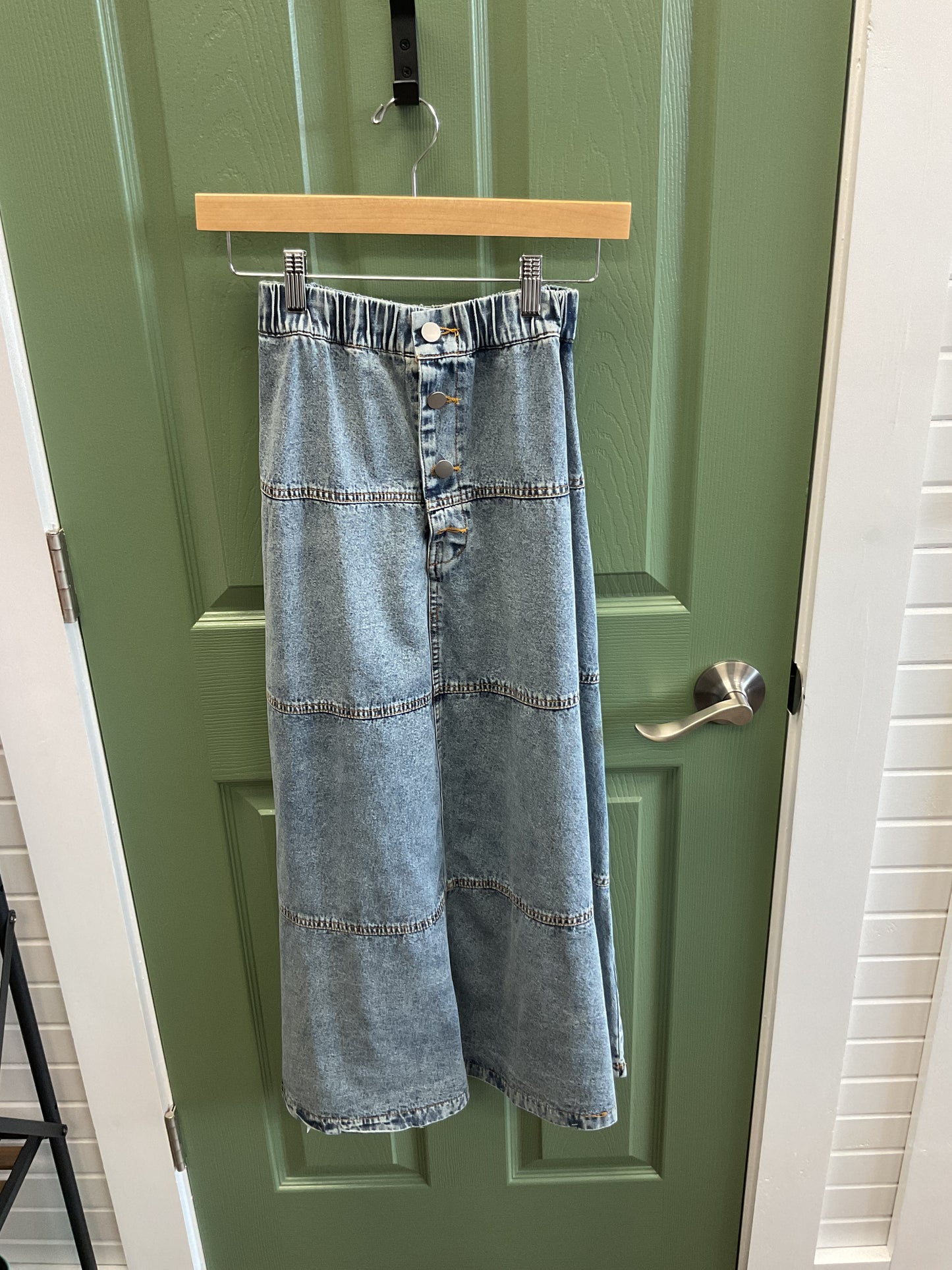 LONG DENIM PATCHWORK SKIRT BUTTON FLY