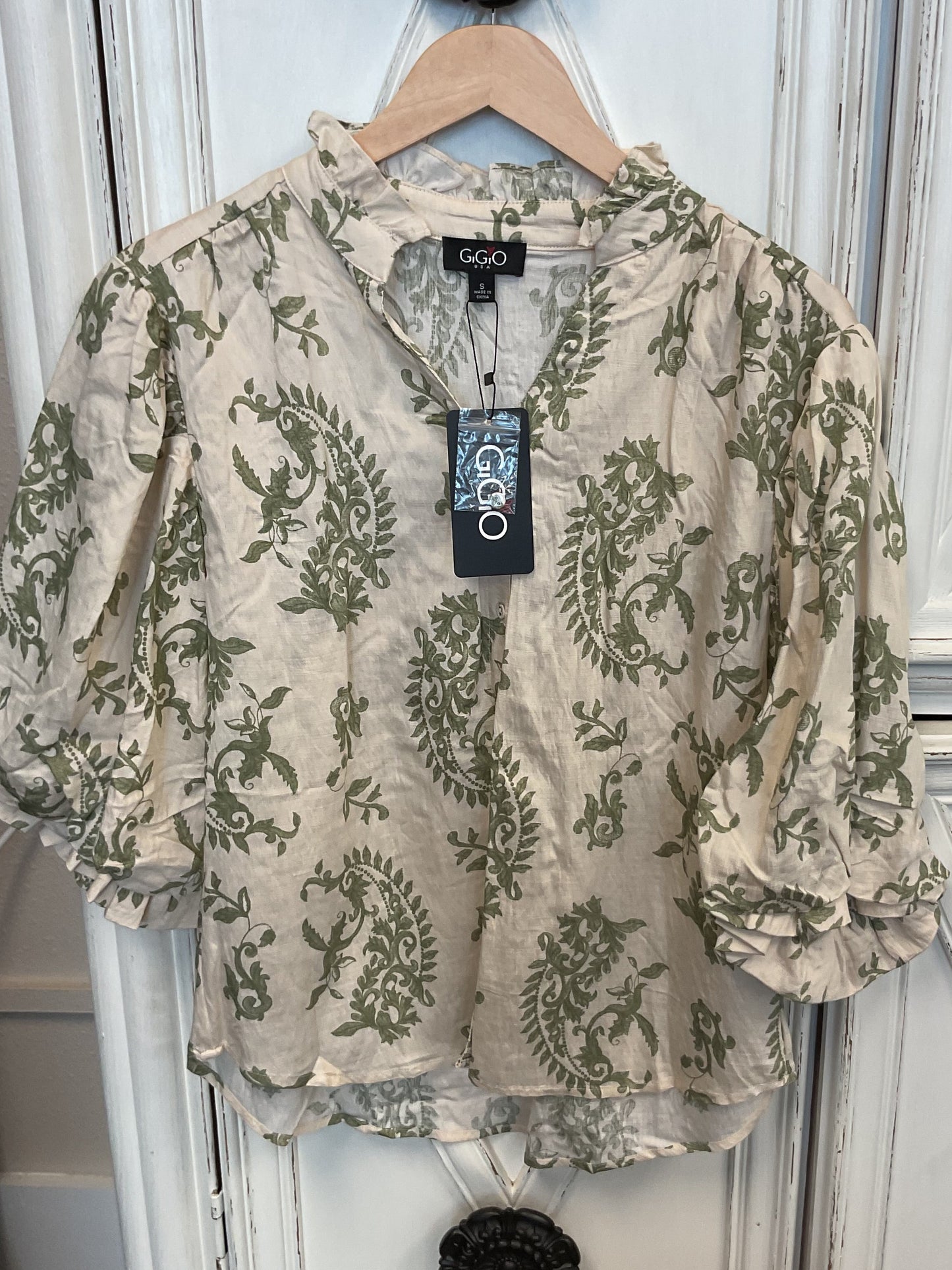 Sage and cream blouse puff sleeves