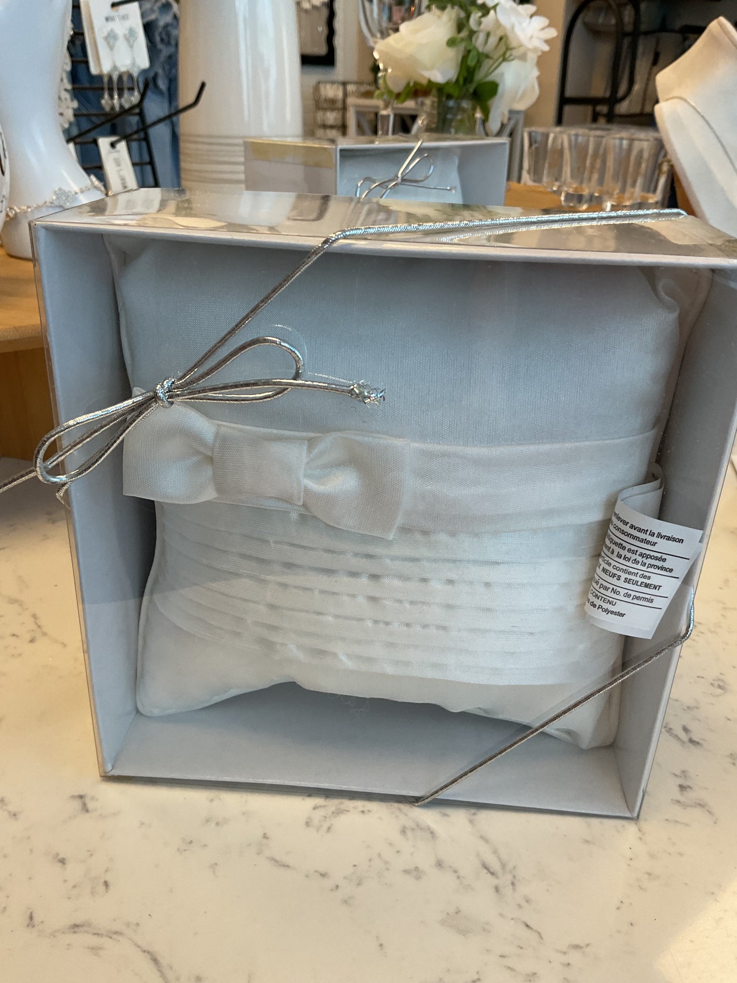 White silk ring bearer pillow