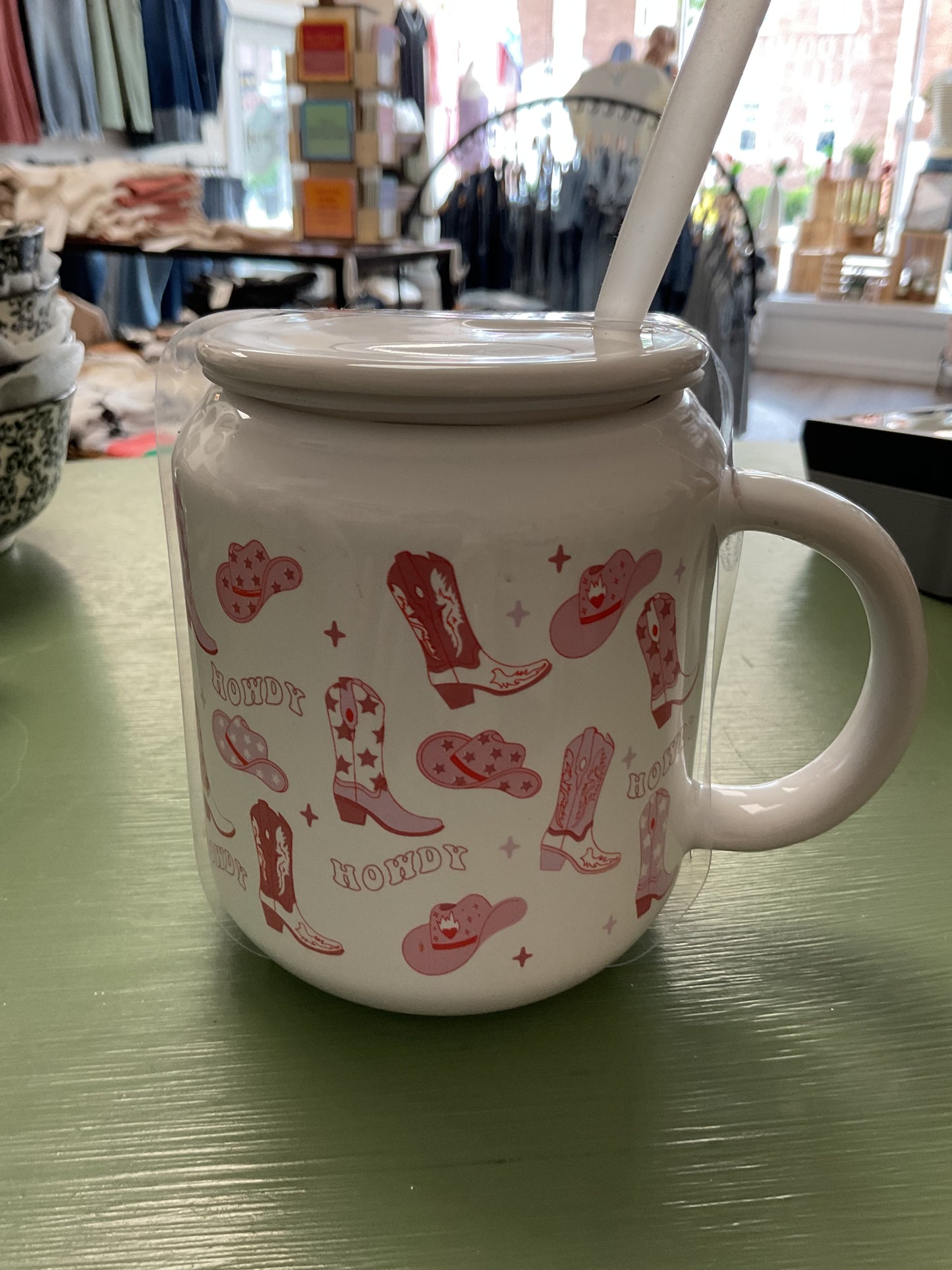 Pink and white cowgirl mug w lid