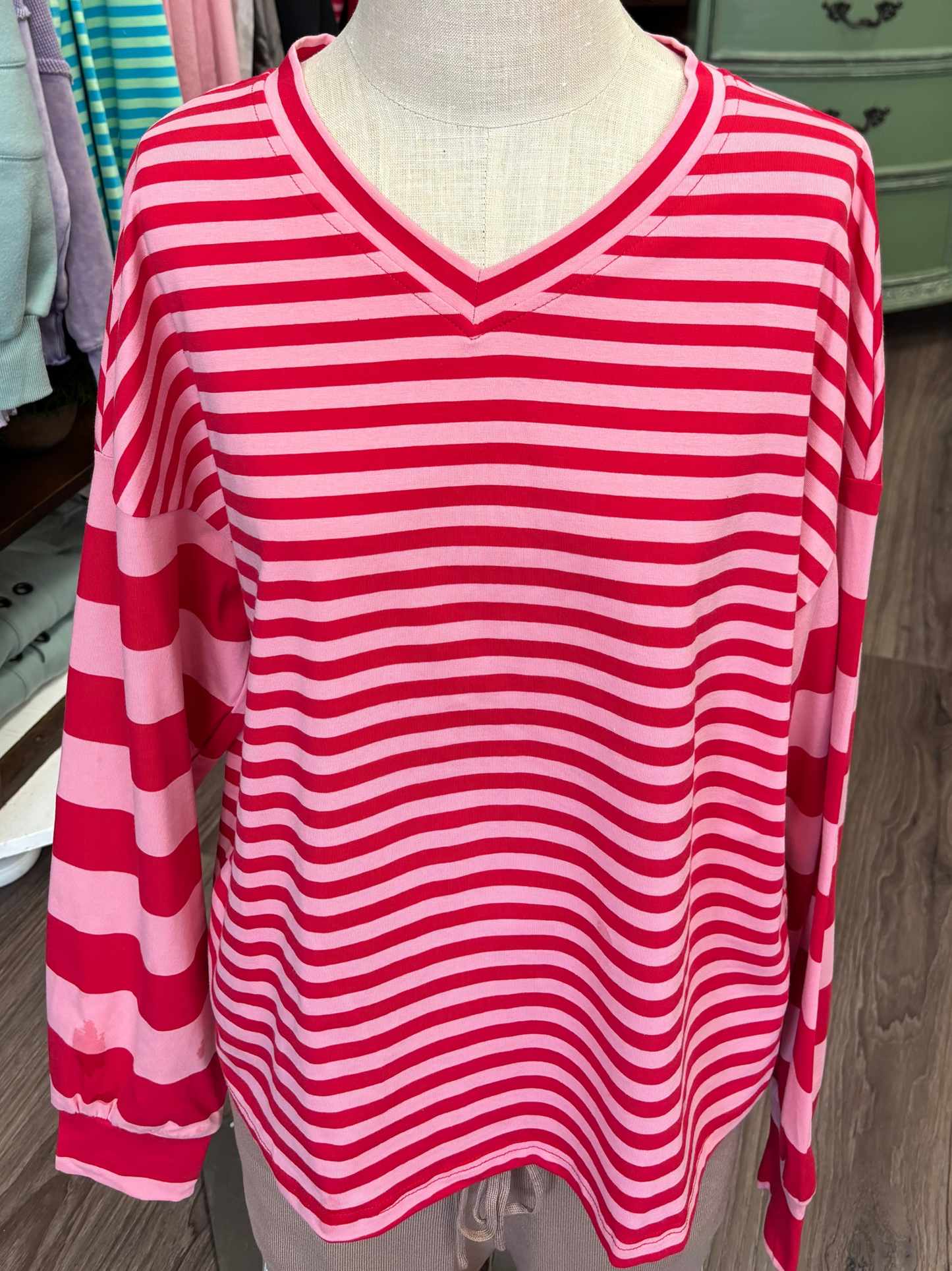 Red and pink striped LS v neck shirt