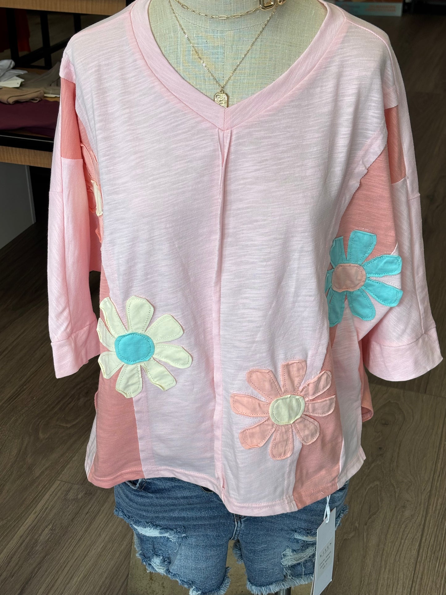 Flower patch pink 3/4 sleeve cotton shirt