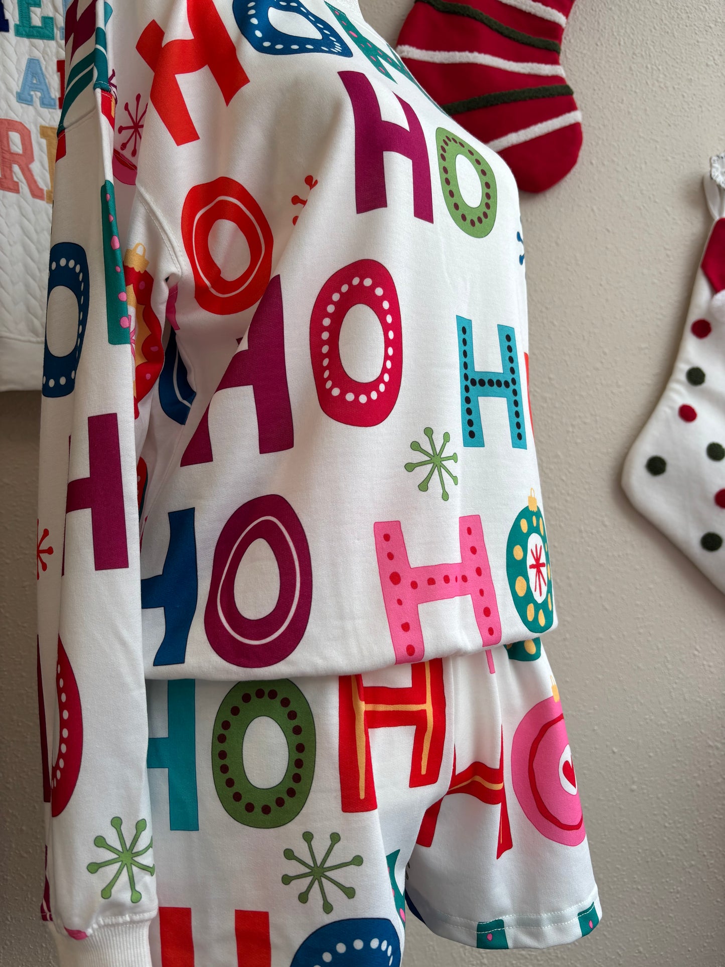 HO HO PAJAMA SET, SHORTS AND LS TOP