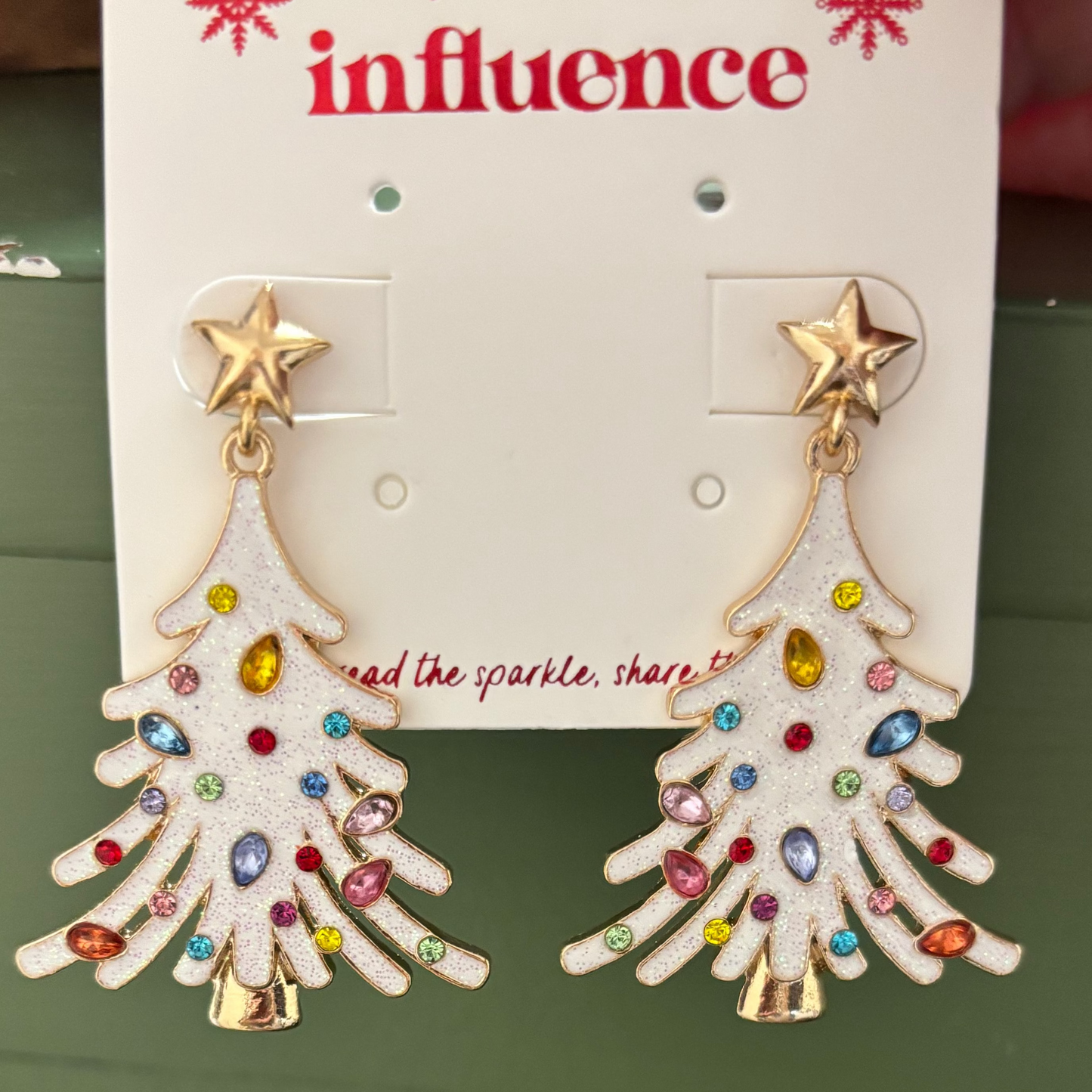 WHITE XMAS TREE W GEMS EARRINGS