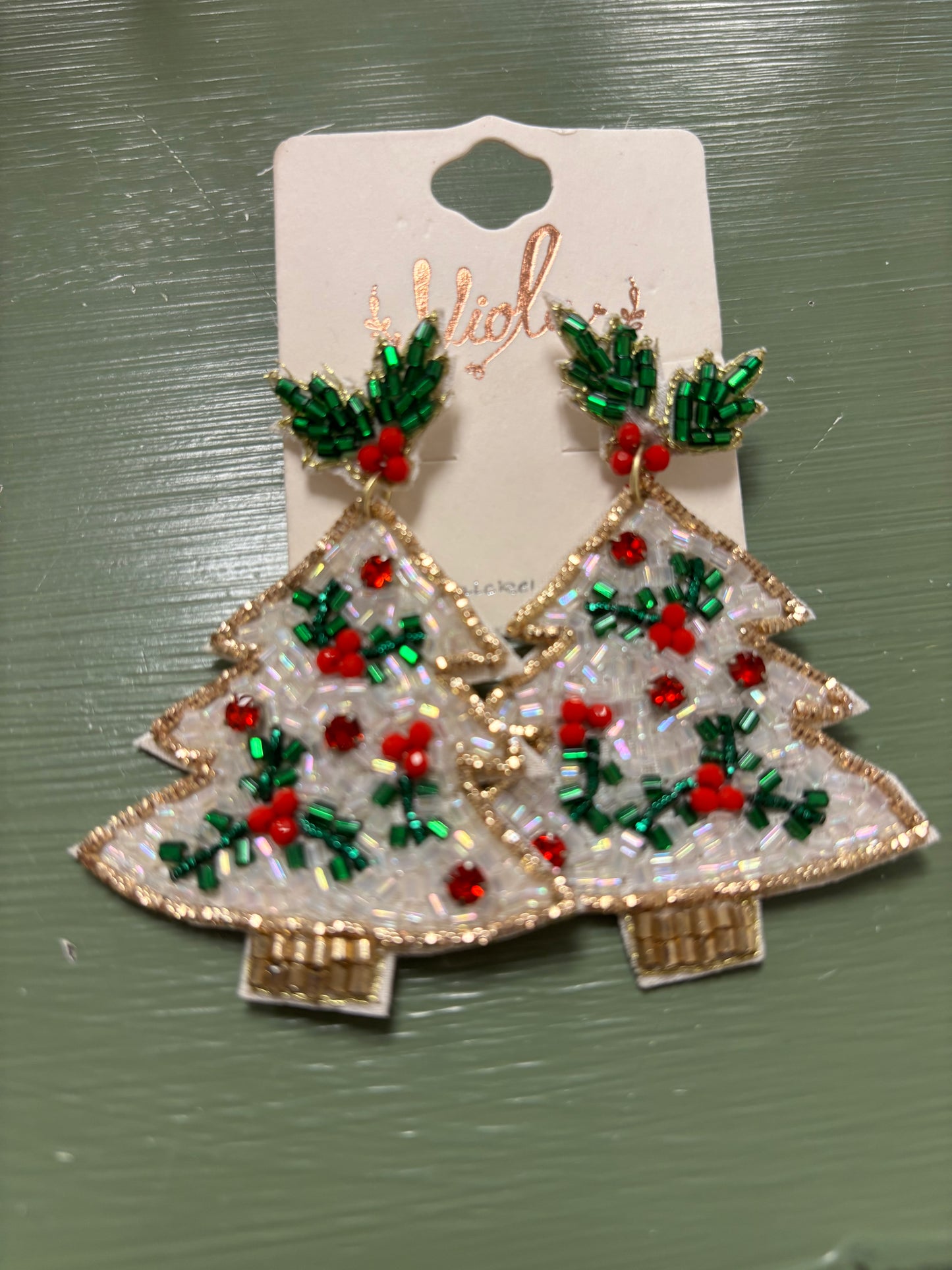 CHRISTMAS TREE GEM FABRIC EARRINGS WHITE RED GREEN
