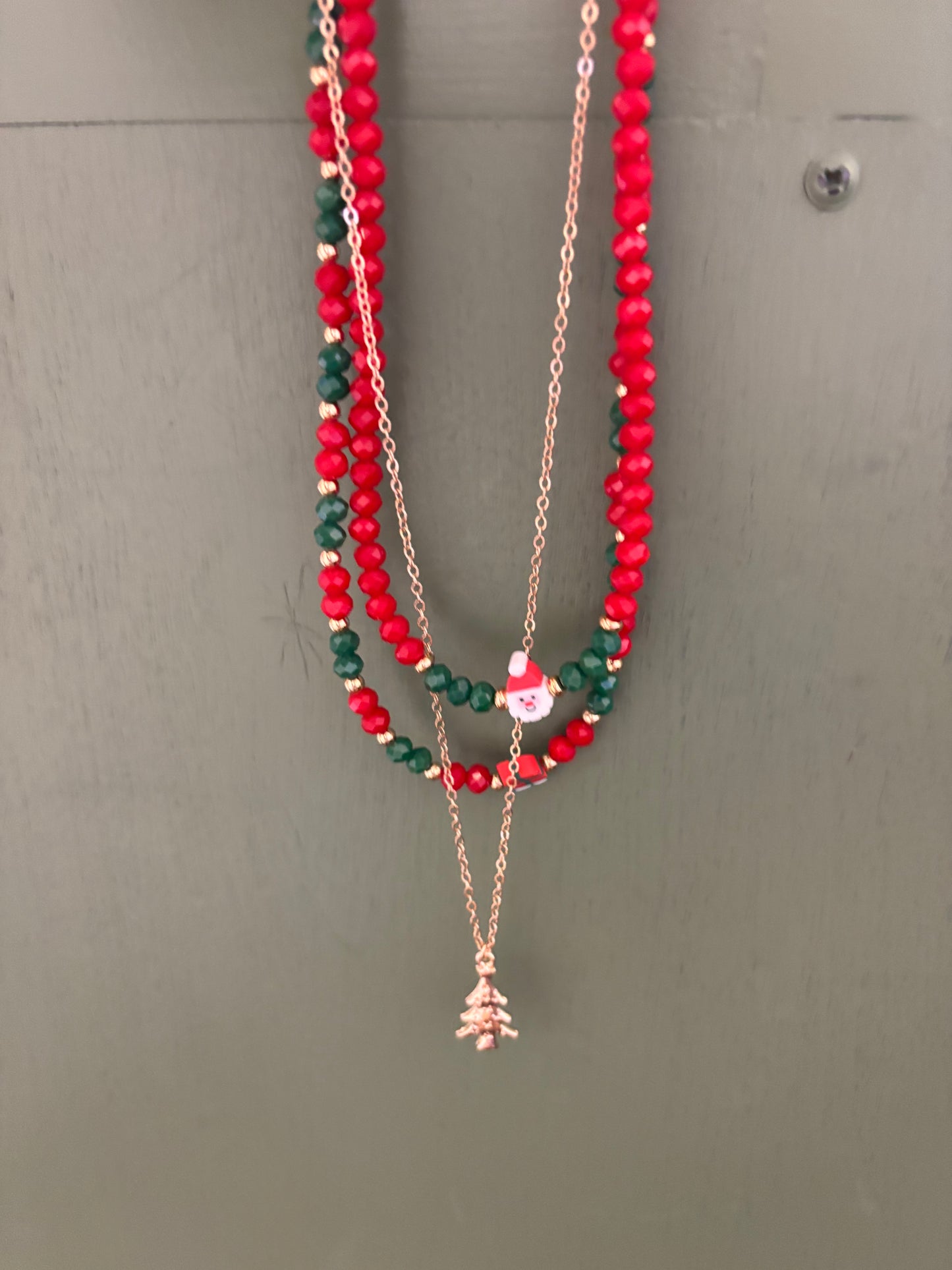 TRIPLE XMAS NECKLACE BEADED AND GOLD TREE