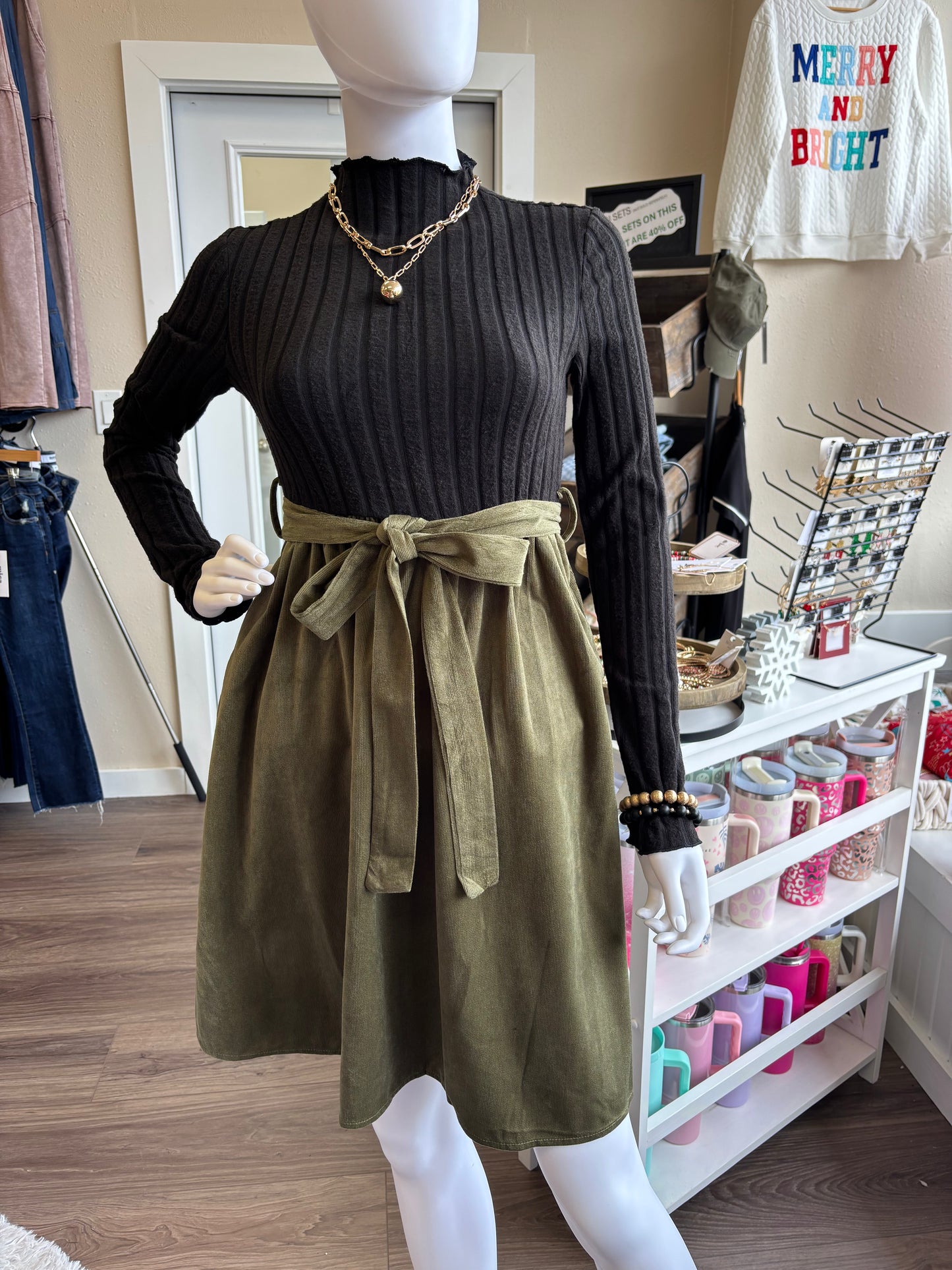 GREEN CORDUROY AND BLACK SWEATER TOP DRESS WITH BELT