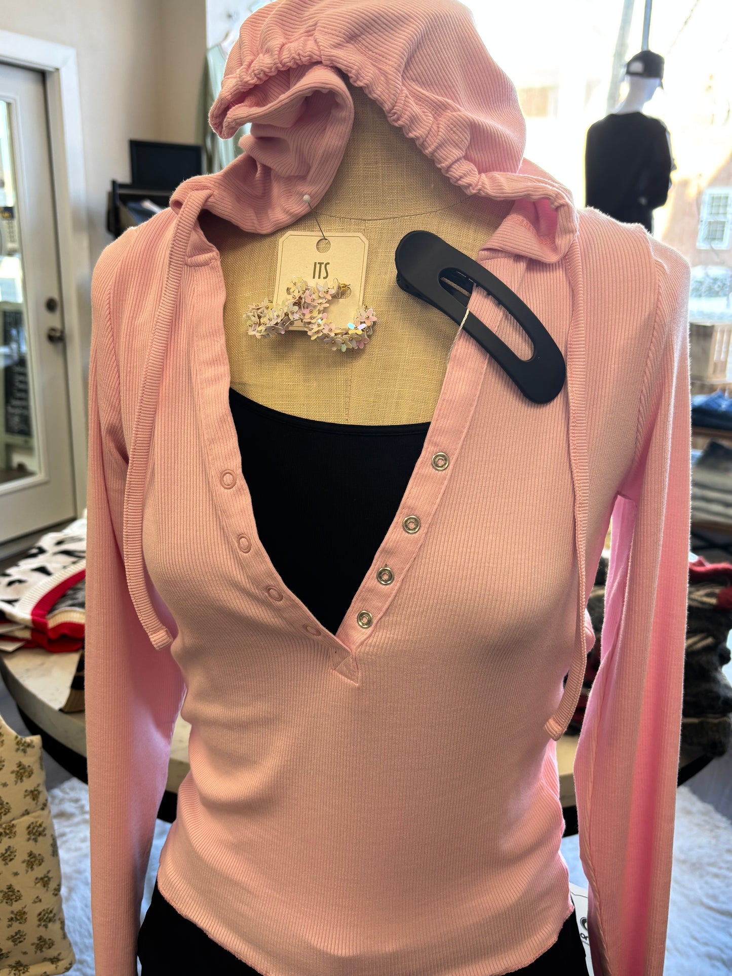 MONO B BAMBOO BLEND LS HENLEY HOODIE PINK