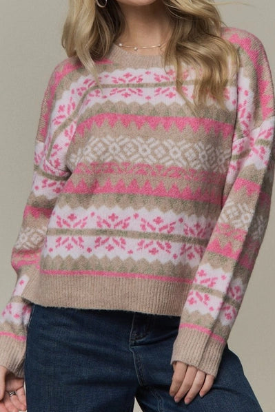 BROWN AND PINK PATTERN SWEATER