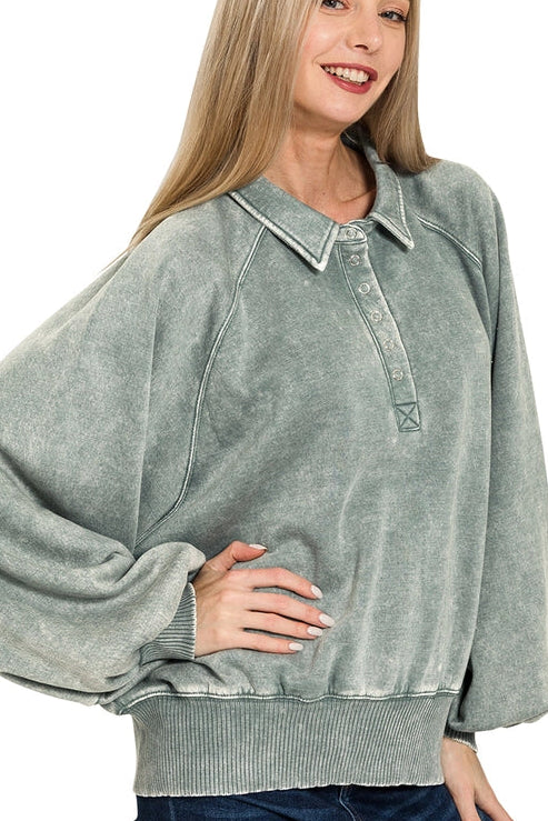 MINERAL WASH SAGE COLLARED SWEATSHIRT