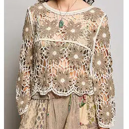 TAN AND CREAM FLOWER LACE LS TOP BY POL CLOTHING