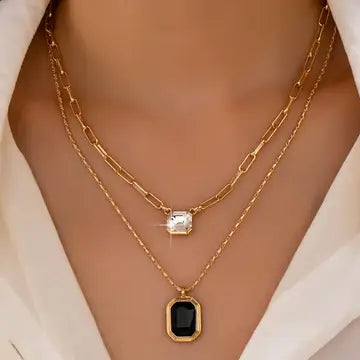 GOLD DOUBLE BLACK GEM AND CRYSTAL NECKLACE