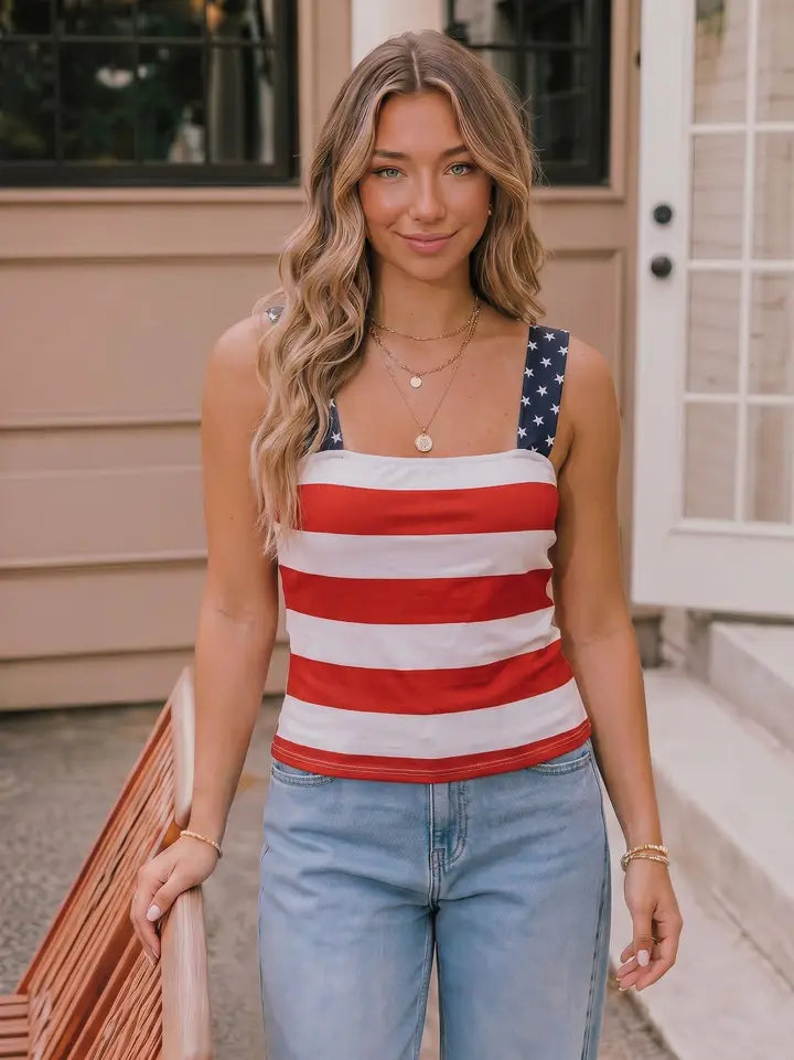 RED AND WHITE STRIPE TANK W BLUE STRAPS USA