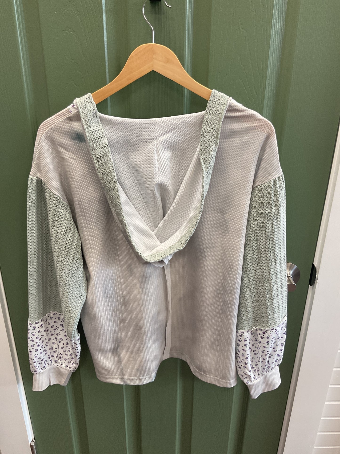Green Long Sleeve Waffle Knit Flower hooded pullover