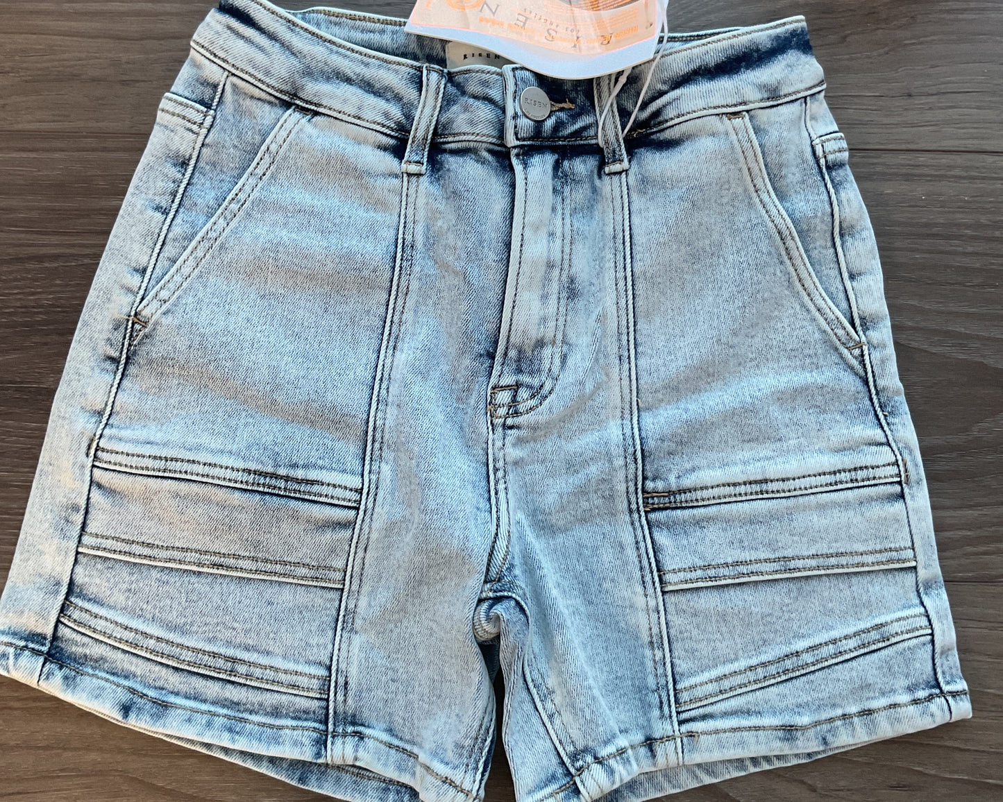 Denim acid wash high-rise cargo shorts by risen