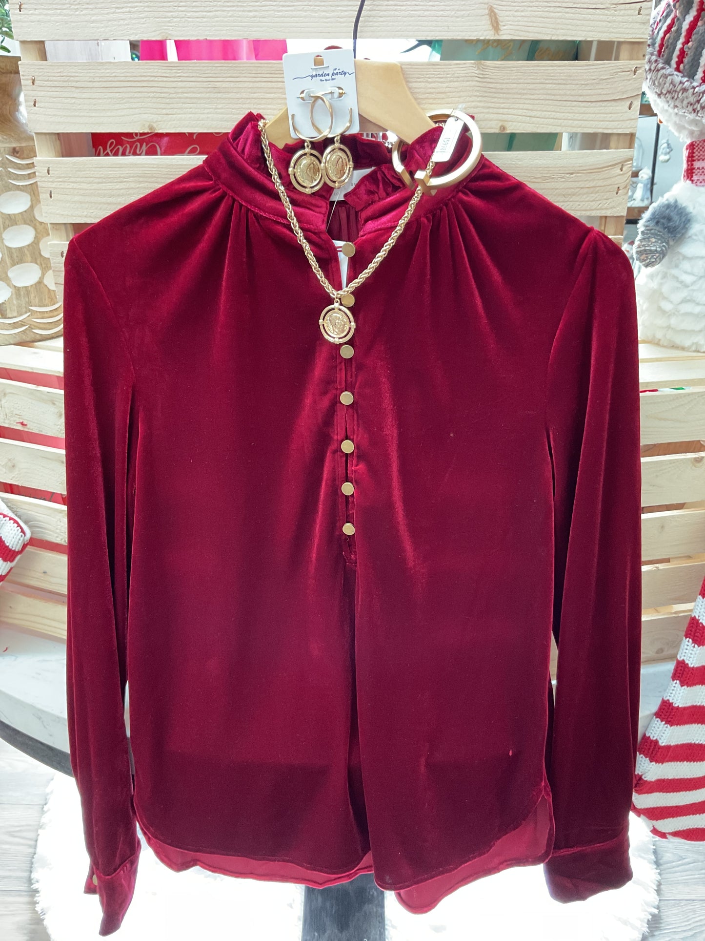 Burgundy velvet LS blouse