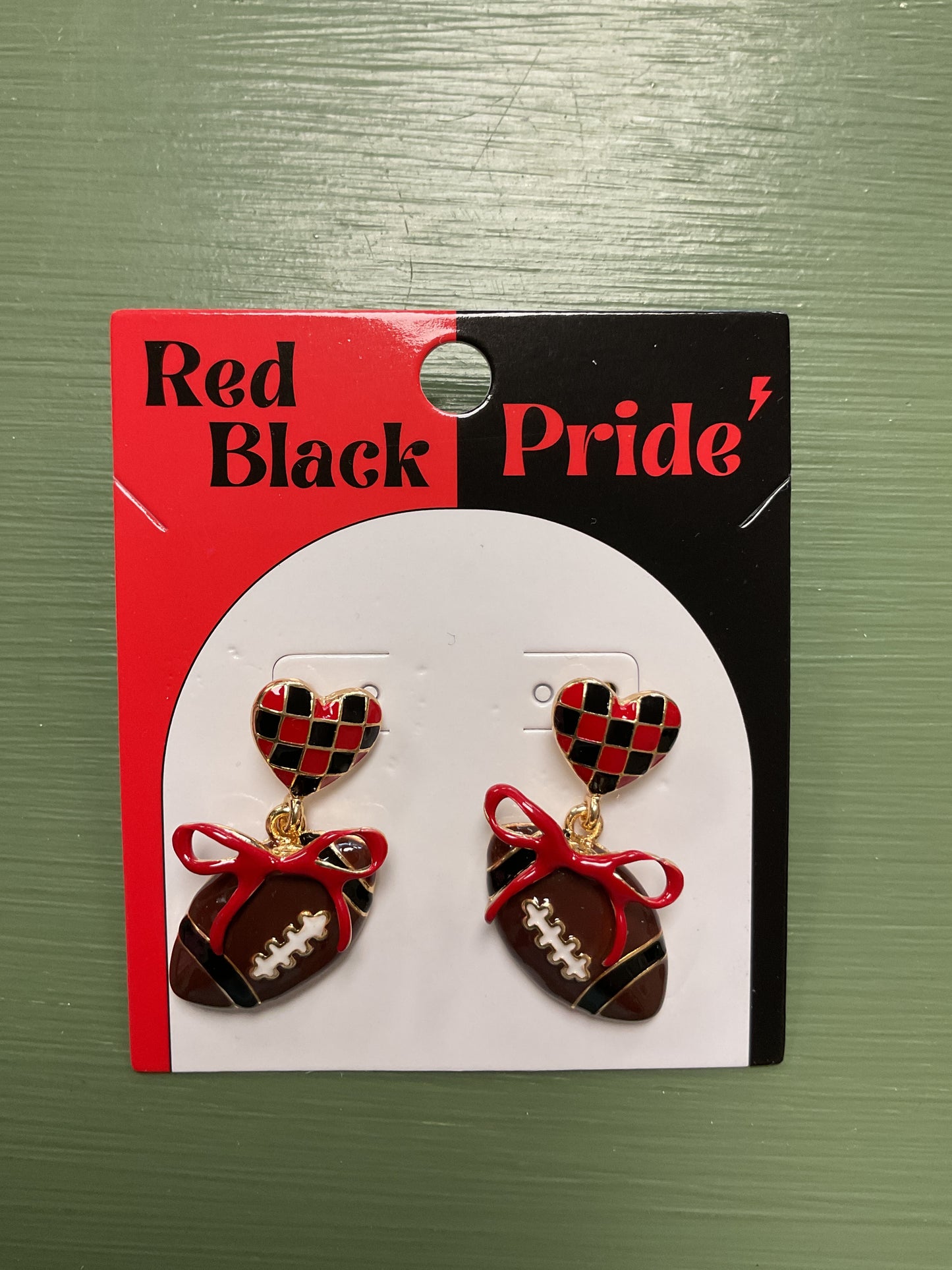 Red and black checkered heart with dangle football w/ ribbon earrings