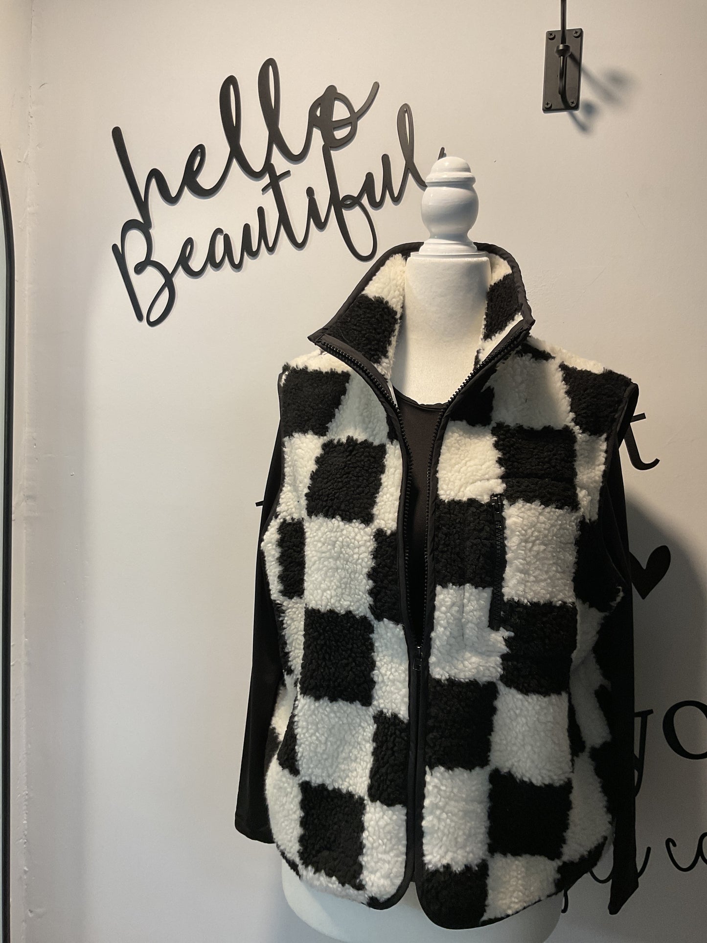 Black and white checkered Sherpa vest