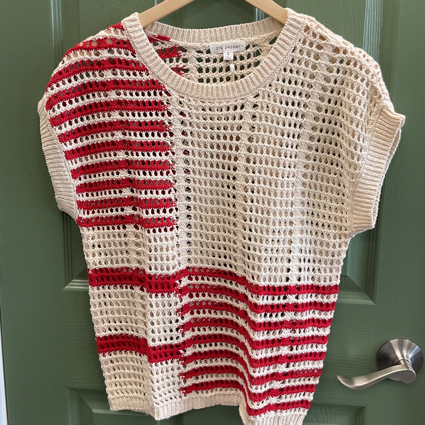 Red and cream, crochet open knit sweater best