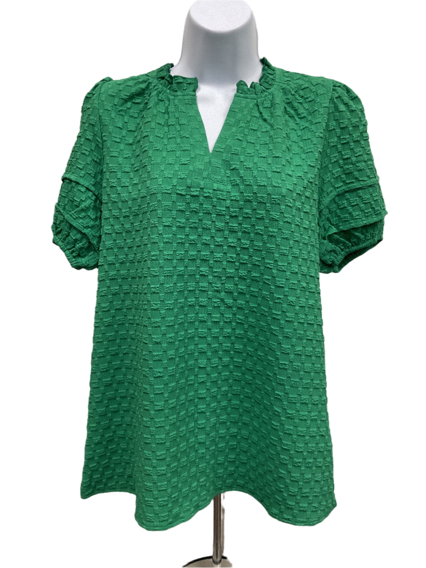 Green textured puff sleeve v neck