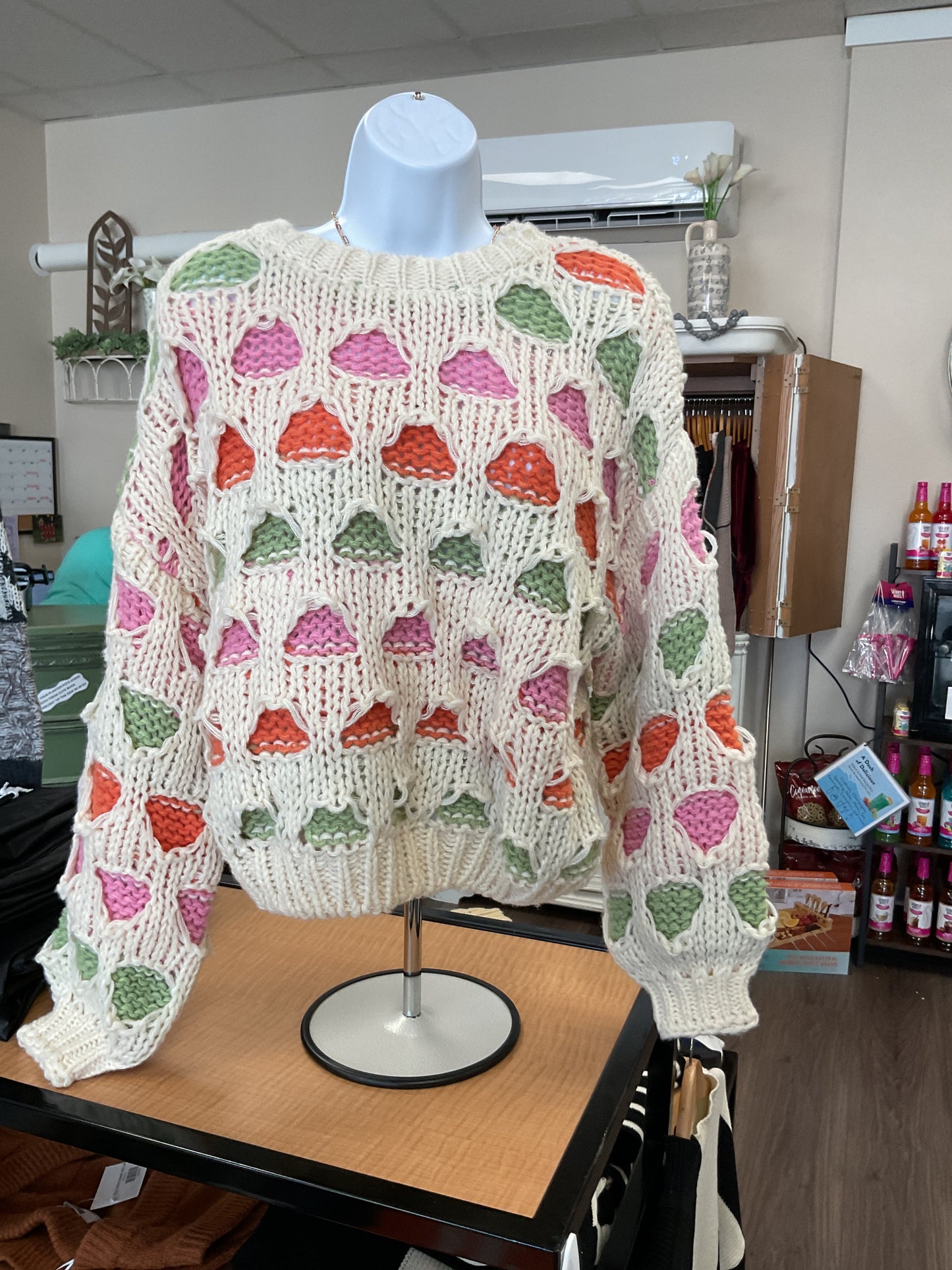 CROP MULTI COLOR SWEATER PINK GREEN ORANGE DESIGN